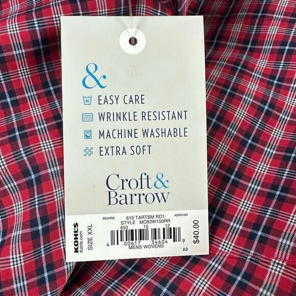 Croft & Barrow Men's XXL Long Sleeve Easy Care Button Up Shirt Red Plaid New - Picture 7 of 10